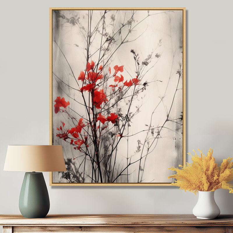 «Red Gray Herb Garden II», art mural floral, H 32 po x l 24 po x P 1 po, Cadre flottant en érable