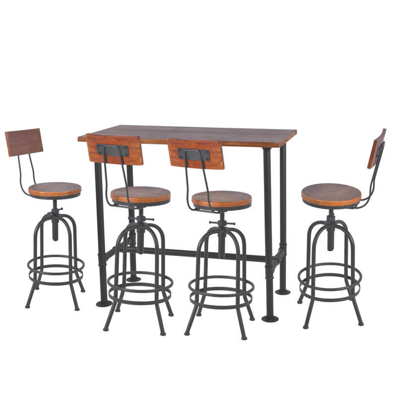 SET OF 5,Industrial Bar Table Set With Swivel Bar Stools - Rustic Pub Height Table And Chairs For Kitchen, Dining Room, Small Space, Home Bar - Wooden Top And Metal Frame