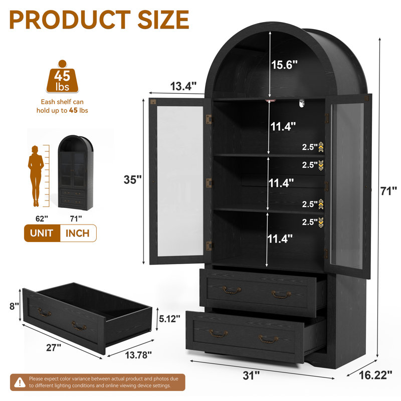 Armoires de présentation arquées noires, armoire de rangement haute de 71 po de hauteur avec portes en verre et tablettes réglables, pour la salle à manger