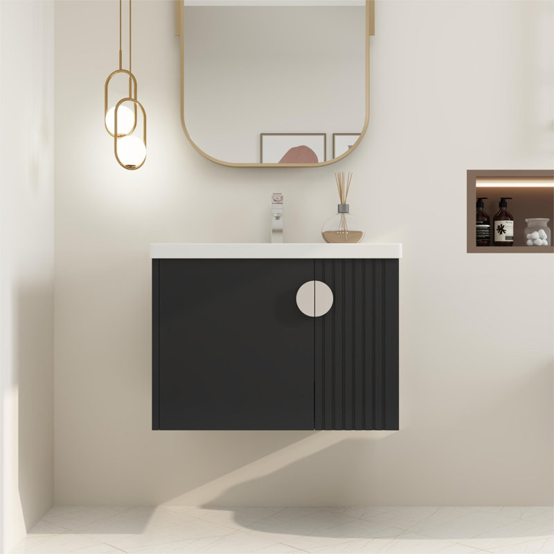 Ludaway 28'' Single Wall-Mounted Bathroom Vanity with 2 Soft Close Doors and Ceramic Top, Black