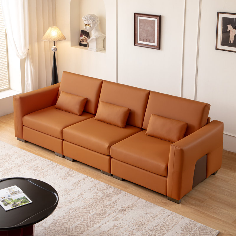 108.7"W Orange Luxury Leather Sleeper Couch, Mid-Century Modern 4-Seater Deep Seat Sectional Sofa with Metal Legs and Pillows, Vintage Wide Square Upholstered Sofa Bed for Living Room and Bed Room