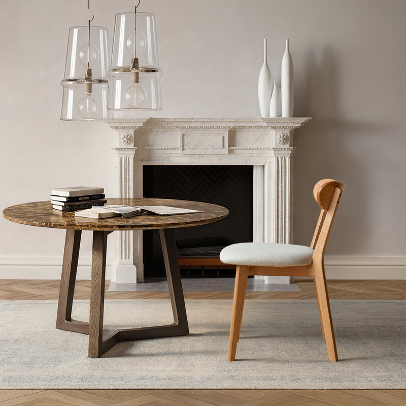 Chaise de salle à manger rembourrée avec pieds en chêne, Blanc, Bois naturel