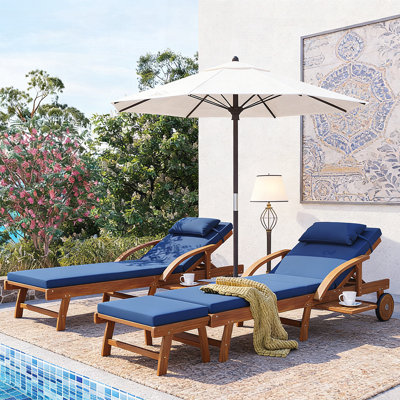 2-Pack Outdoor Lounge Chairs with Acacia Wood Frame, Cushions, Adjustable Backrest, Leg Rest, Headrest, and Side Tray for Patio, Pool, Garden, Beach