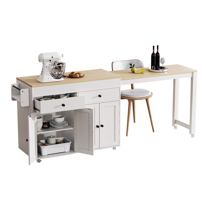 K&K Kitchen Island With Extendable Dining Table, Off White