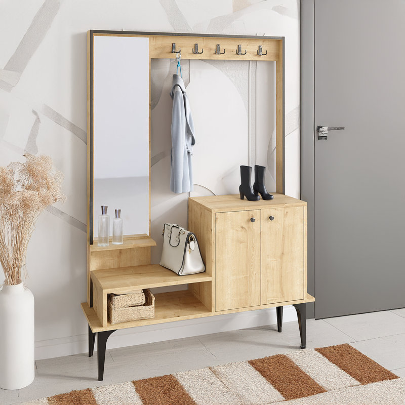 Hall Tree With Mirror, Cabinet And 10 Hooks