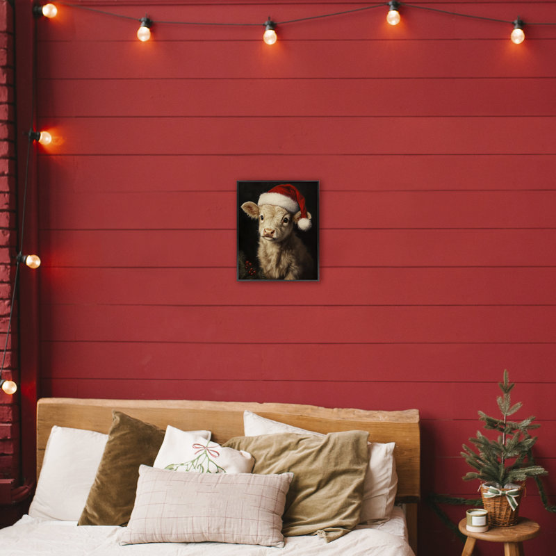 Chapeau de Noël Highland Cow, estampe numérique, design par Arlington Prints, H 14 po x l 11 po, Giclée encadrée noir minuit