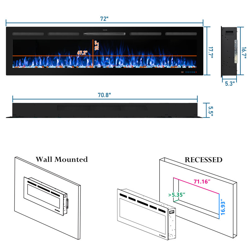 Cassella Black Electric Fireplace with 5120 BTU, 17.7"H x 72"W x 5.3"D