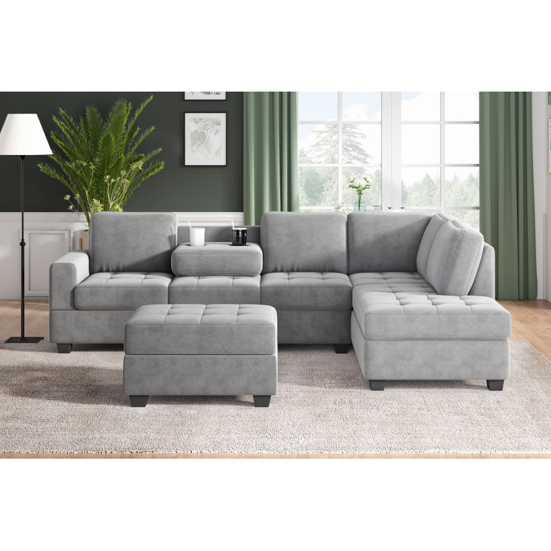 Canapé et chaise longue réversible de 112 po avec repose-pieds Luchiano, Polyester gris