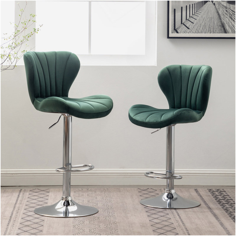 Ellston Upholstered Adjustable Swivel Barstools In Green, Set Of 2, Green