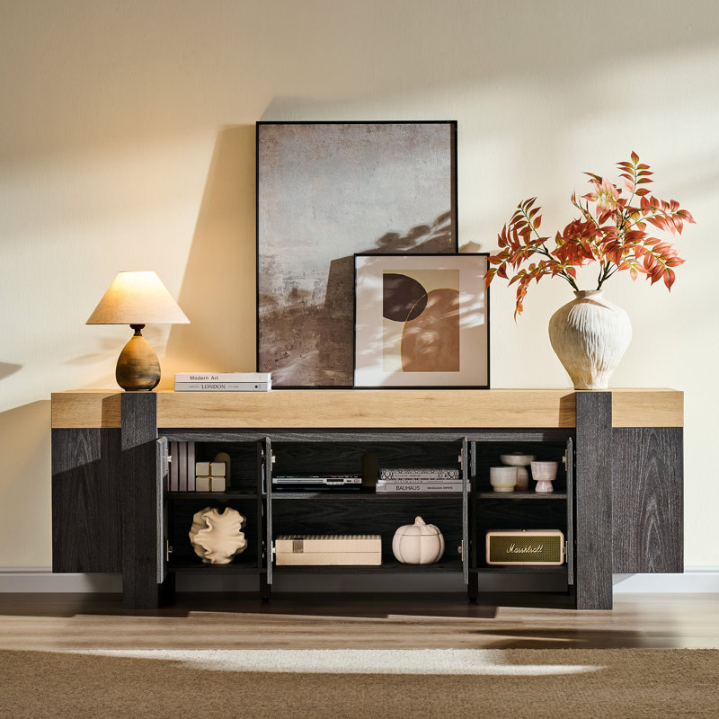 70" Modern Farmhouse Wooden Tv Stand, Media Console With Closed Storage Cabinets, Natural Oak