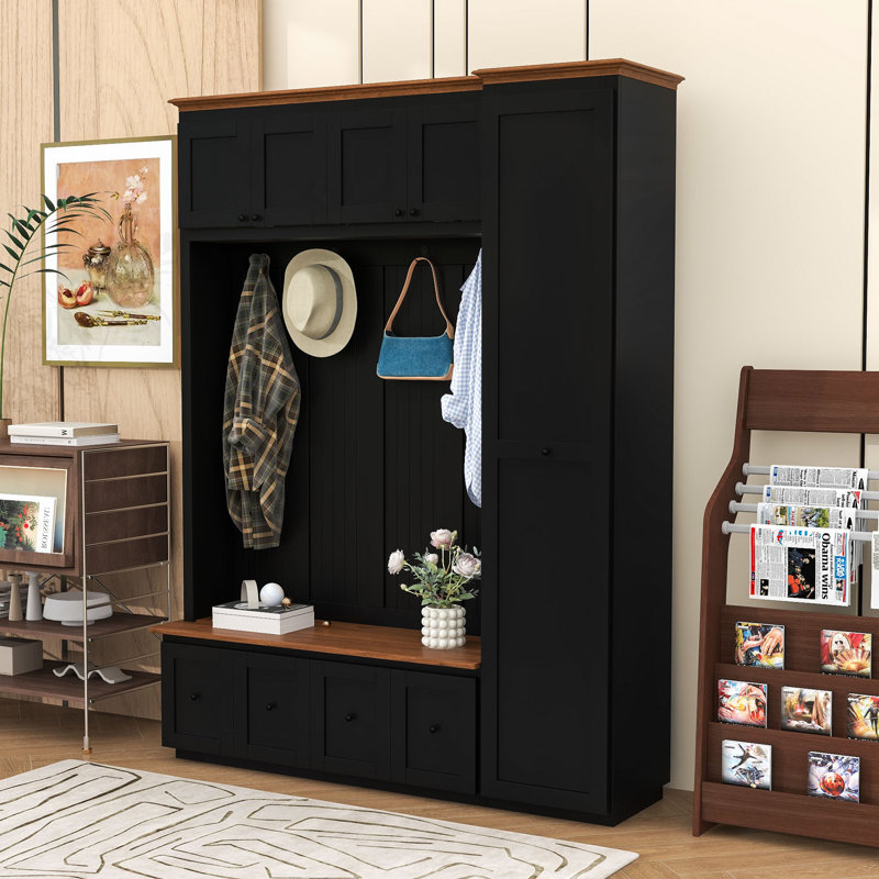 5-in-1 Hall Tree with Drawers, Hooks, Cabinets and Bench, Black