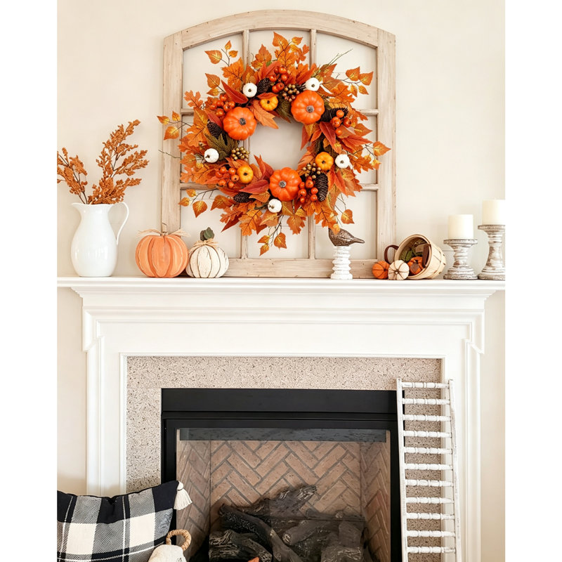 61cm (24 Inch) Artificial Autumn Maple & Pumpkin Wreath, Large Harvest Wreath with Pine Cones and Berries, Indoor‑Outdoor Front Door Wreath for Wall, Fireplace, Halloween & Thanksgiving Home Décor