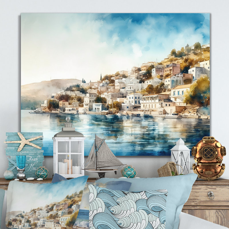 Charme bleu bord de mer méditerranéen sur impression métallique, H 24 po x l 32 po