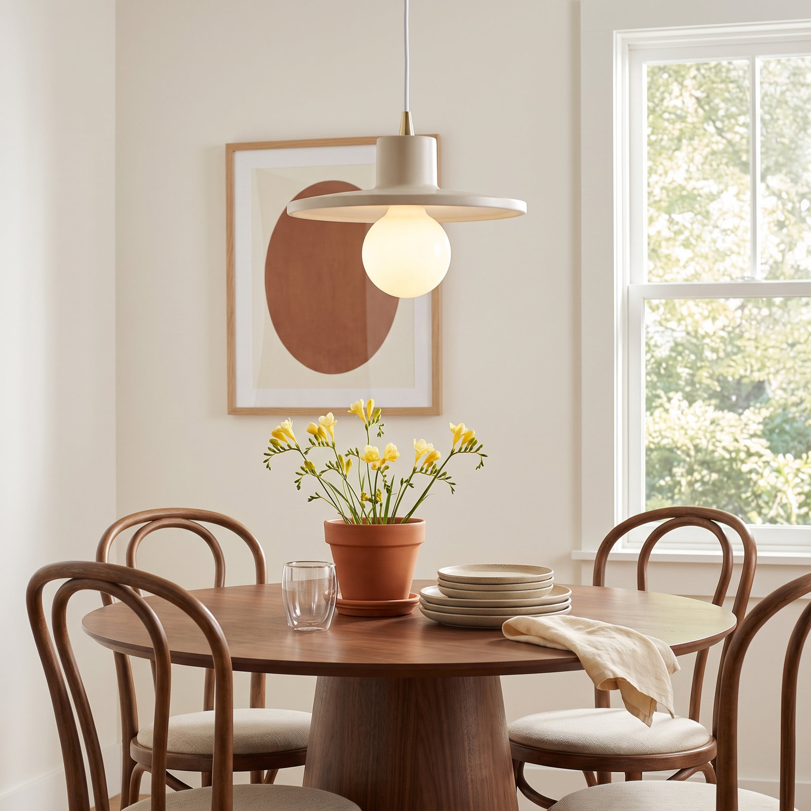 Leni Ceramic Dimmable Pendant, Matte White, Antique Brass