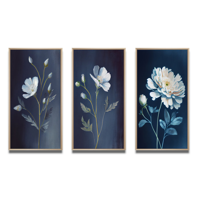 Ensemble de 3 fleurs blanches simples sur fond bleu rétro, H 28 po x l 36 po, Cadre naturel flottant