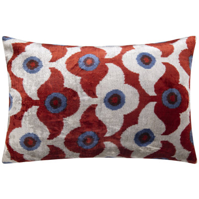 Luxury Handmade Silk Velvet Pillow 16X24, Red Rust, Blue & White Design, Super Soft