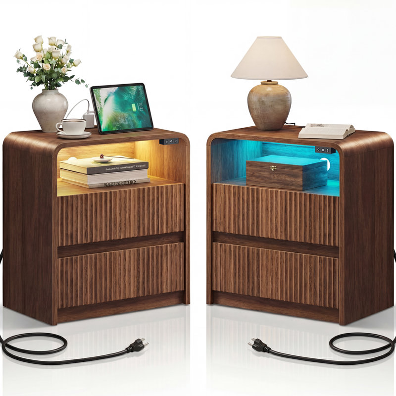 Nightstand End Table with Drawer, Fluted Side Table with LED Light and Charging Station, Modern Bedside Cabinet for Living Room, Bed Room, Mocha