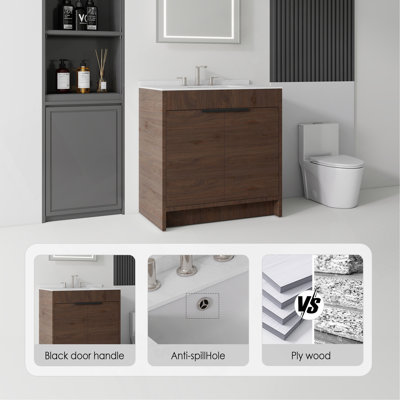 Meuble-lavabo autoportant de 30 po avec lavabo, porte à fermeture douce, comptoir et dosseret en marbre de culture blanc de Carrare de 0,6 po