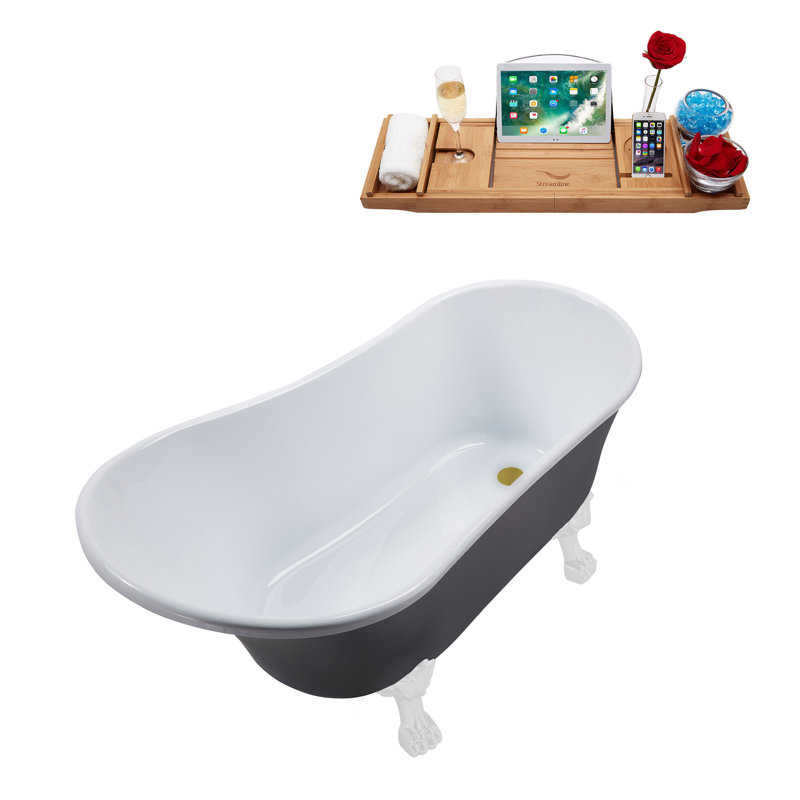 55" Streamline Clawfoot Soaking Acrylic Bathtub With Drain, Clawfeet, and Bamboo Tray, Glossy White, Brushed Gold