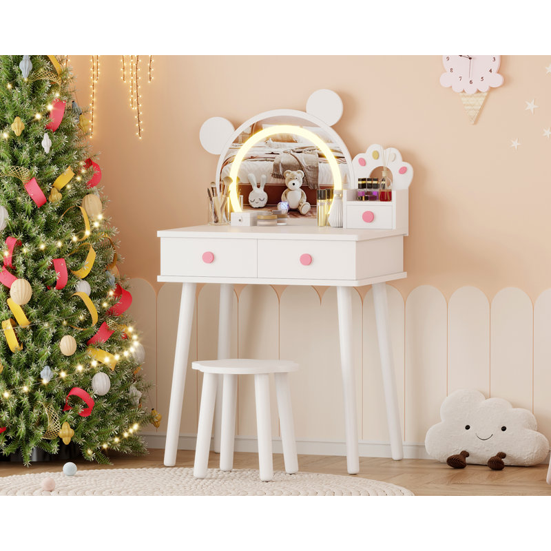 Bear-Shaped Lighted Mirror Kids Vanity Table and Chair Set - Wooden Princess Makeup Desk with Stool, Storage Drawers & Safe Pretend Play Features - Bedroom Furniture for Little Girls