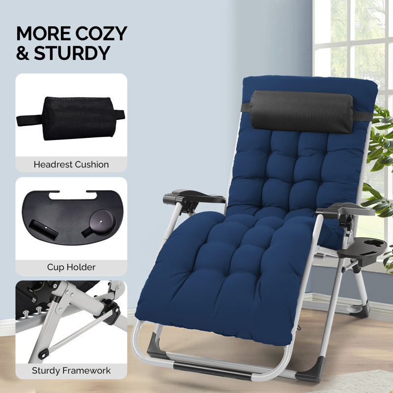 Patio Black Folding Zero Gravity Chair With Blue Cushion, Blue