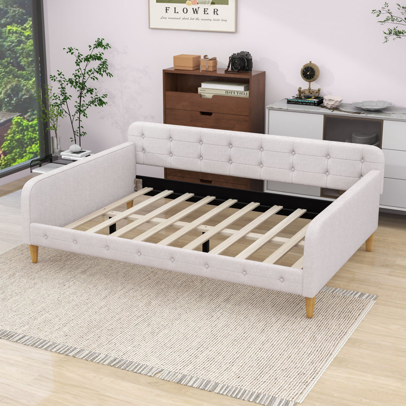 Upholstered Daybed with Linen Fabric and Wood Frame, Beige, Full / Double