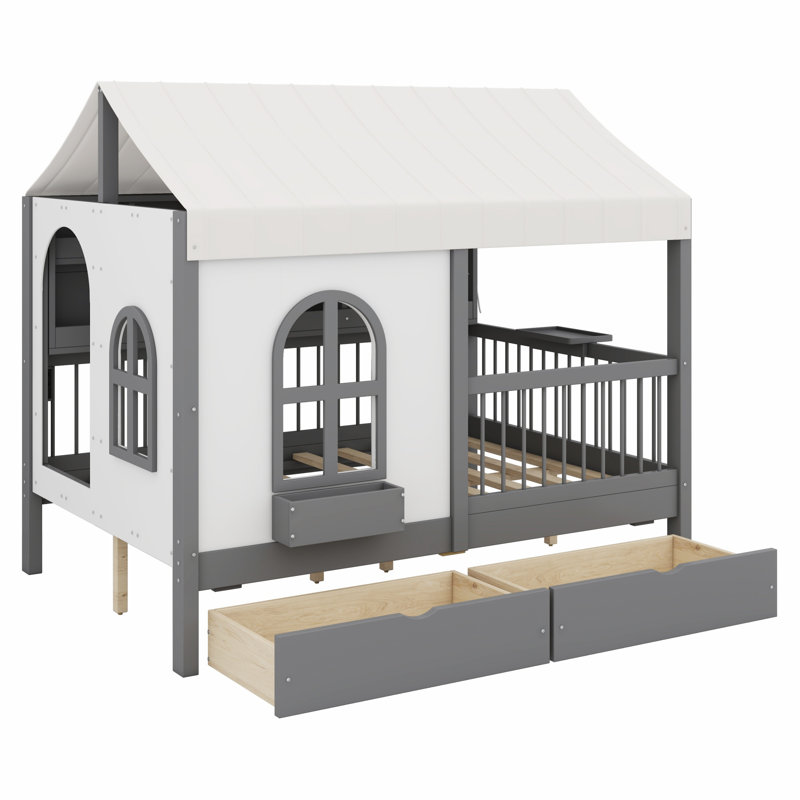 Lit House avec 2 grands tiroirs, bibliothèque latérale avec bande DEL, Gris