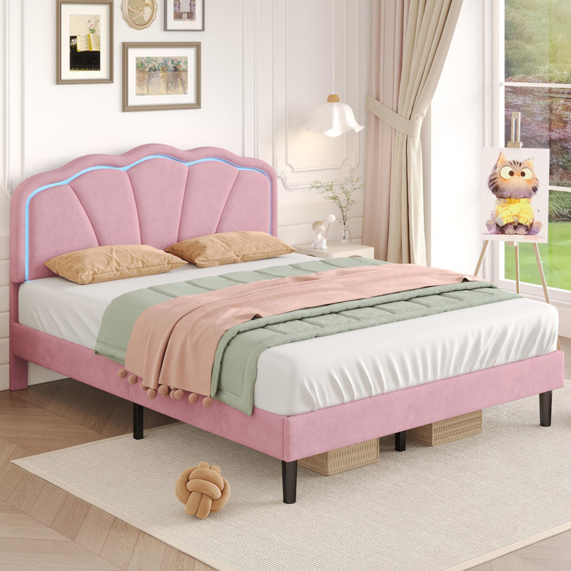Upholstered Bed With Adjustable Headboard Velvet, Double (4'6), Pink