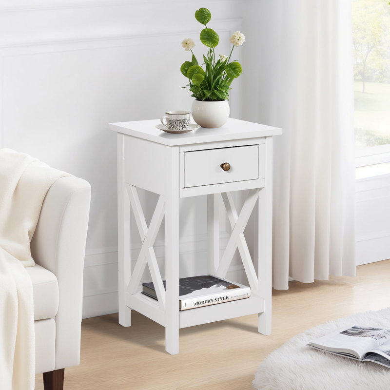 Table de bout carrée en bois franc massif avec tiroir et étagère de rangement Brookstonval, Blanc