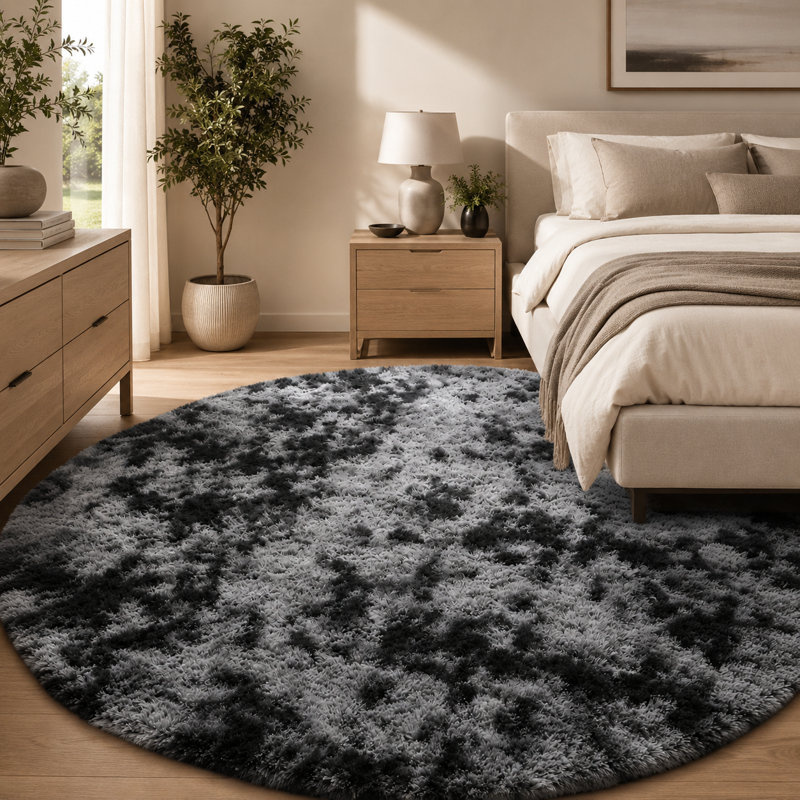 Ebern Designs Soft Fluffy Tie-Dyed Dark Grey Shag Area Rug for Living Room Bedroom Nursery Kids Room, Round 7'