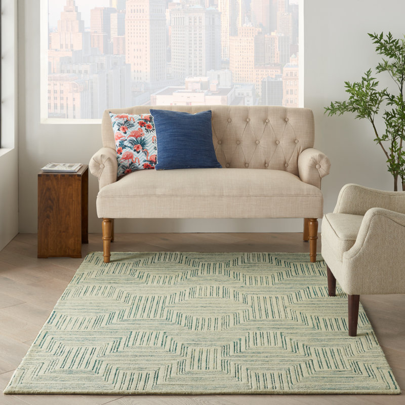 Tapis bleu / beige en laine touffeté à motif géométrique Jora, Rectangle 5 pi x 7 pi 6 po