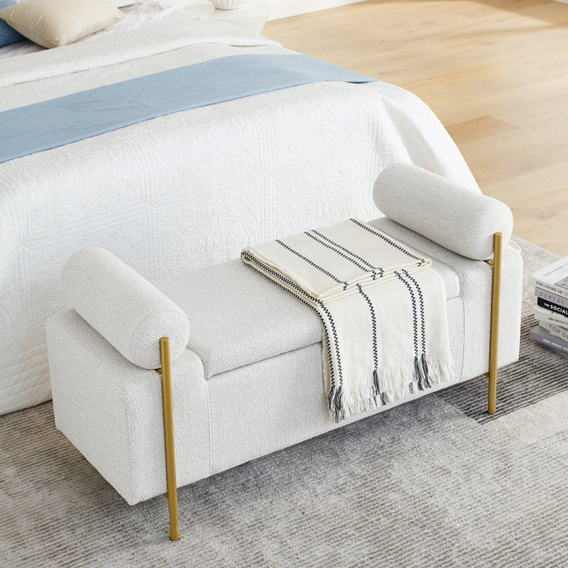 Banc Banc de rangement rembourré élégant avec accoudoirs cylindriques pour l'espace de vie, Blanc, Solid Wood