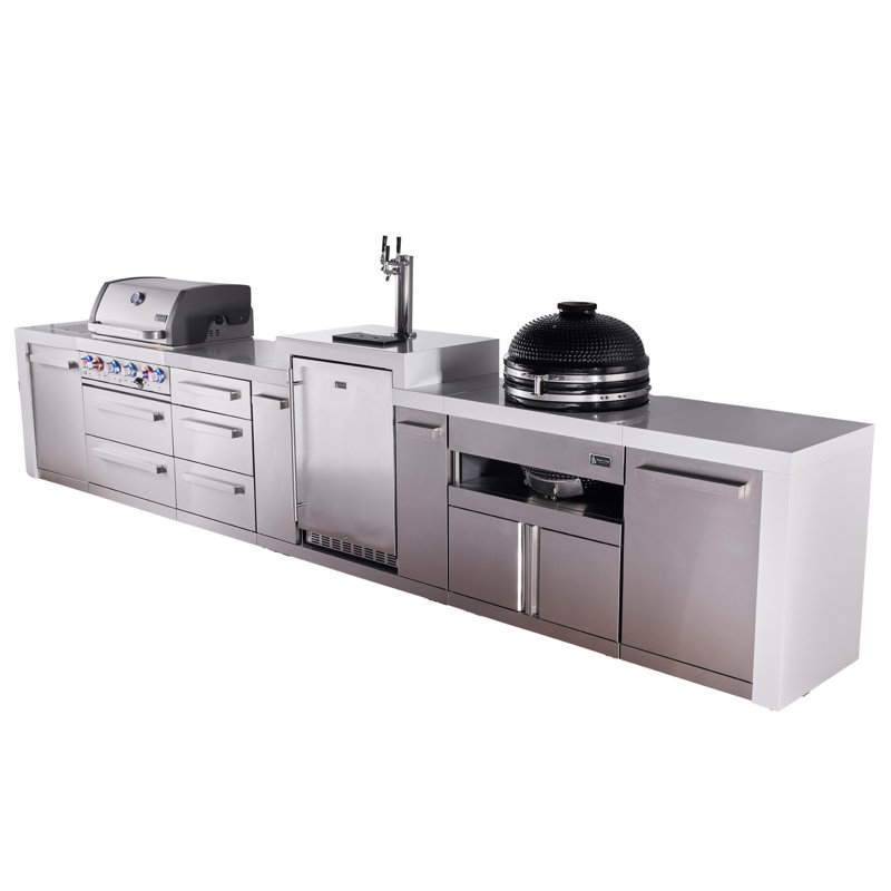 Mont Alpi Premium 4-burner 188" Deluxe Stainless Steel Island Modular Outdoor Kitchen Island Bbq Gas Grill With Infrared Side Burner + Kegerator + Kamado Cart + Storage Drawers & Cabinets + Rotisserie