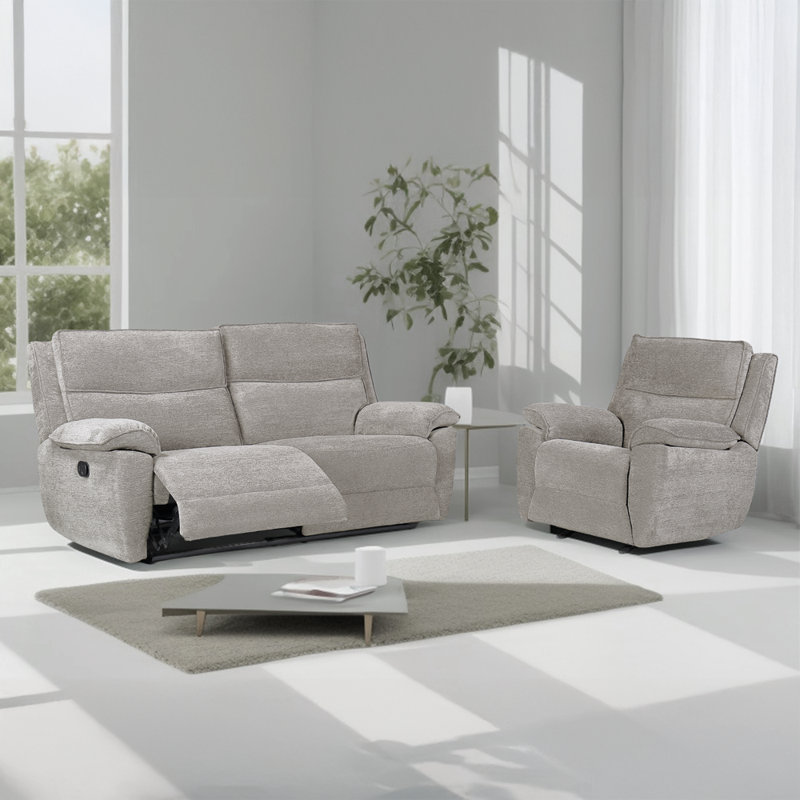 Berthony 3 Seater Chenille Reclining Sofa, Light Grey