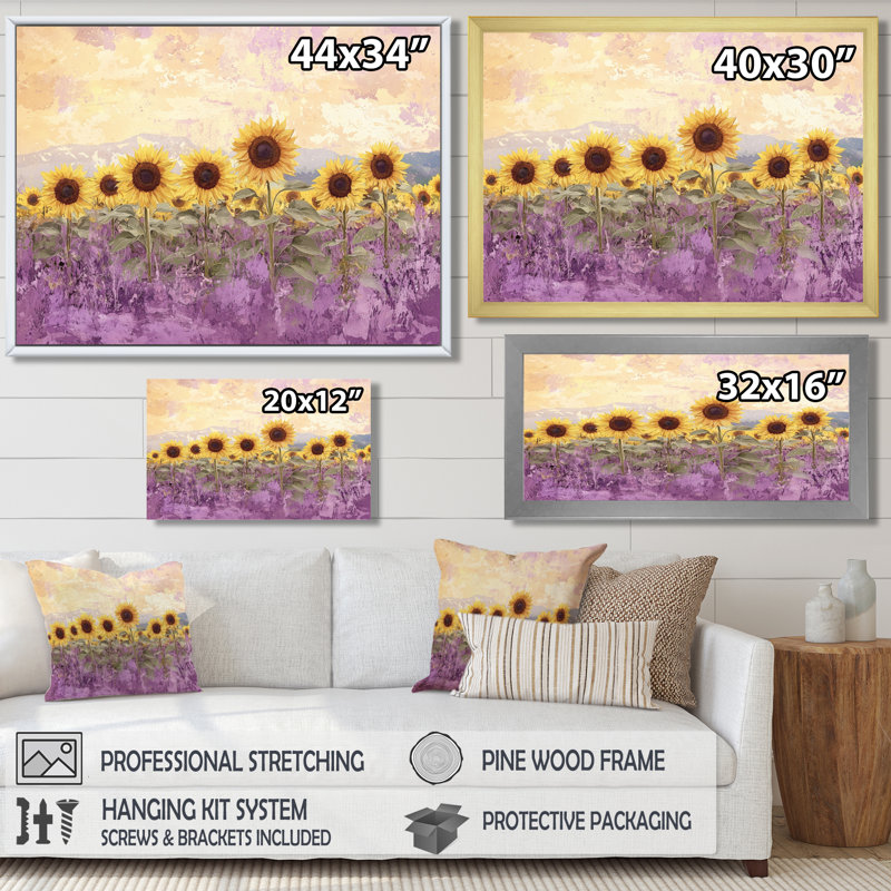 Lavande tournesol champ I - tournesols, art mural, H 28 po x l 60 po, Impression encadrée flottante, Doré