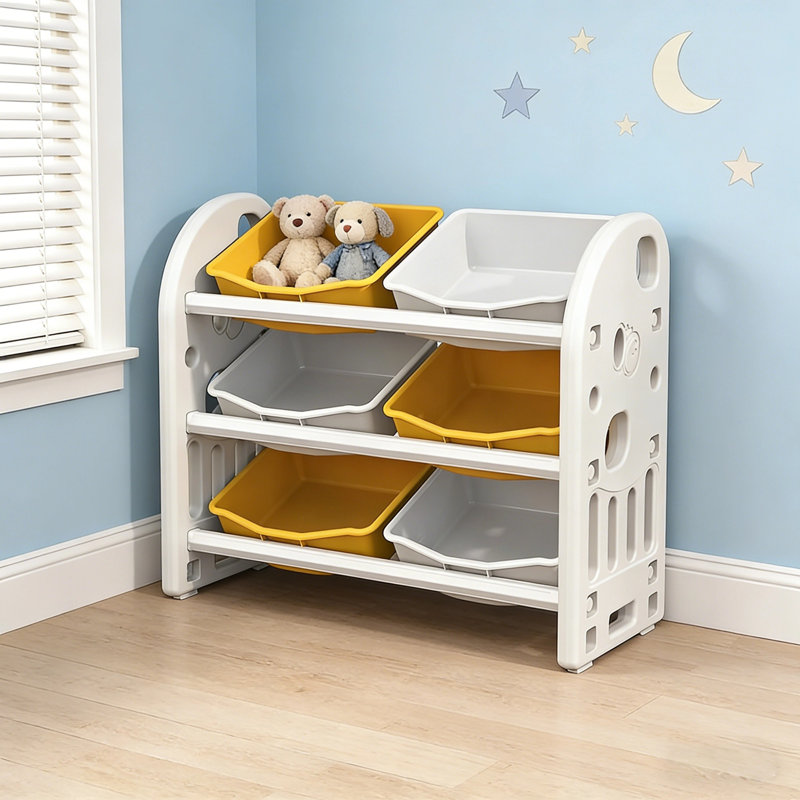 Organisateur de rangement pour jouets multifonctionnel pour enfants avec 6 bacs et tablette en PEHD, Jaune