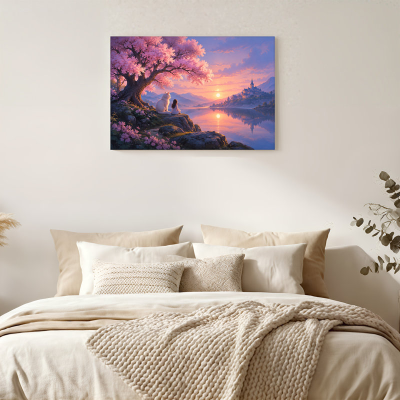 «Girl and White Cat Under Pink Blossom Tree Near Castle», art mural sur toile, H 18 po x l 24 po
