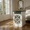 Table de bout Farmhouse avec station de charge, table de chevet rustique 15,4 po avec porte de grange et tablette réglable, table d'appoint en bois avec rangement à 3 niveaux pour le salon, la chambre à coucher, blanc