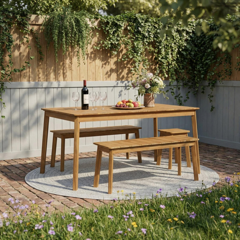 3-Piece Acacia Wood Table & Bench Set