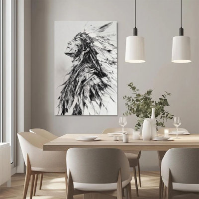 1Pc Framed Canvas Poster Print Indian Chief, Feather Headdress, Realistic Sketch Style Wall Art Decor, Perfect for Room Decor Living Room Bedroom Office Kitchen Bathroom Home Decor, Ideal Home Wall Decoration Gift