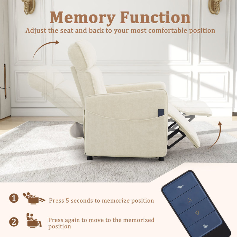 Recliner Chair, Power Recliner For Adults, Comfy Recliner For Living Recliners With One-touch Adjustment & Side Pockets