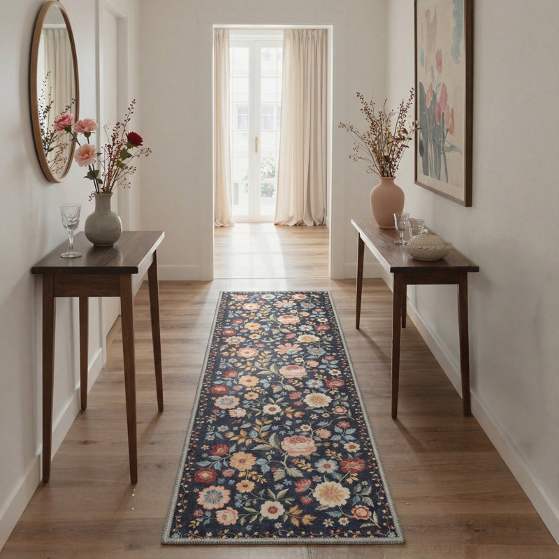 Vintage Floral Machine Washable Red / Green / Blue Indoor Area Rug with Non-Slip Backing, Runner 2' x 7'