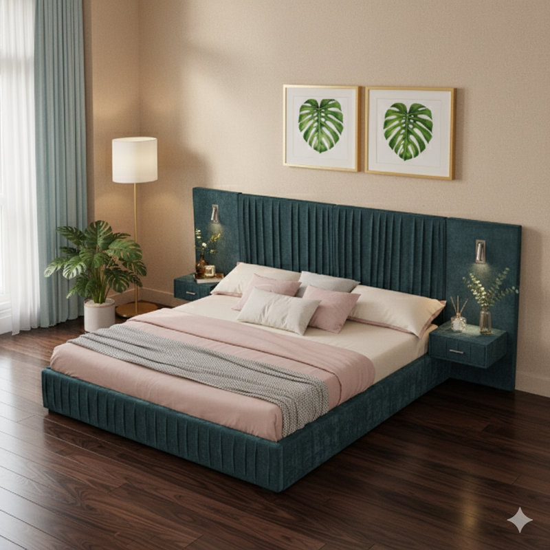 Base de lit tapissier grand format avec tissu en chenille plissée, plateforme à profil bas comprenant une tête de lit, une structure robuste et une table de chevet. L'utilisation d'un sommier n'est pas obligatoire - disponible dans une teinte bleu-vert.