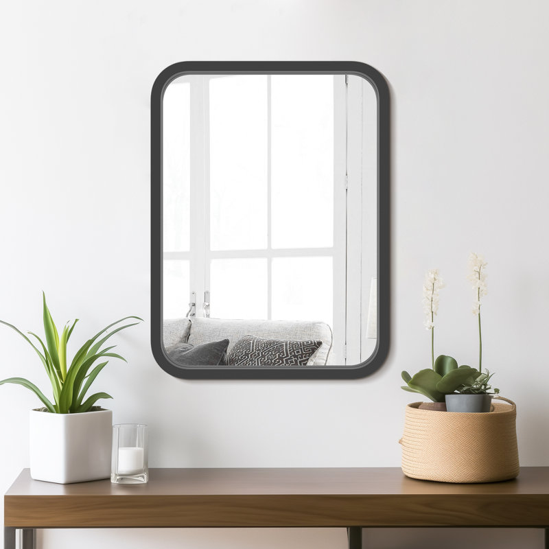 Arc-Cornered Wall Mirror with Wooden Frame, 24" x 18", Black