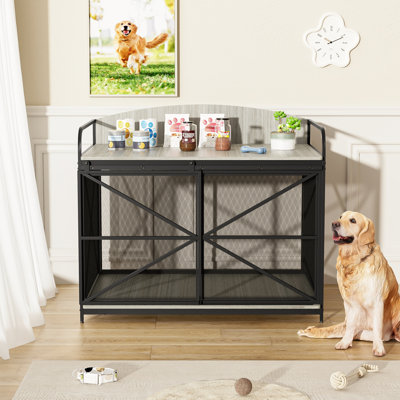 42.8" Heavy Duty Large Dog Crate Furniture For Large Medium Dog, Farmhouse Wooden Dog Kennel Indoor End Table, Decorative Pet House For Large Dogs