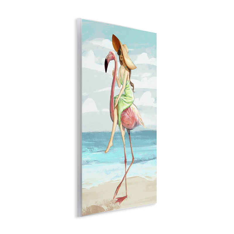 Femme de plage chevauchant un grand oiseau tropical flamant rose par Ziwei Li - Peinture, H 15 po x l 10 po