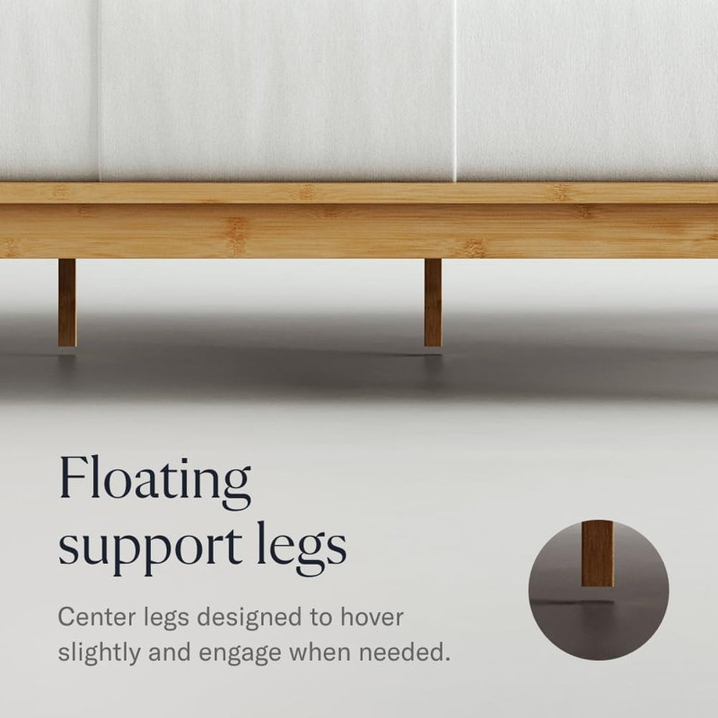 Cadre de lit plateforme California King en bambou, fini bois naturel, pieds de soutien centraux flottants, lattes en bois robustes, sommier non requis, assemblage sans outil