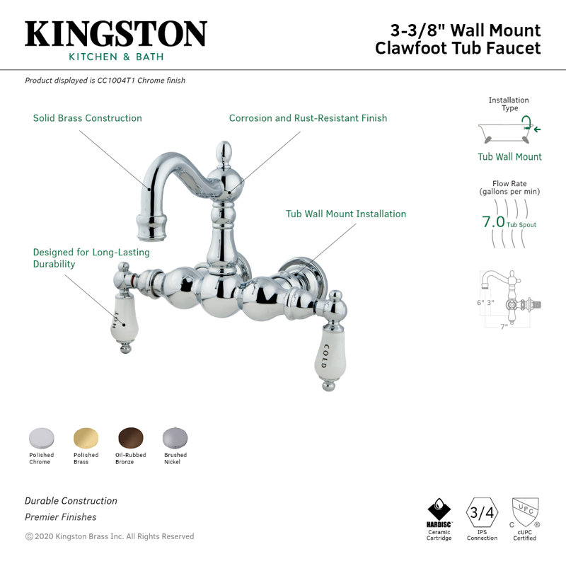 Vintage Double Handle Wall Mounted Clawfoot Tub Faucet, Polished Chrome