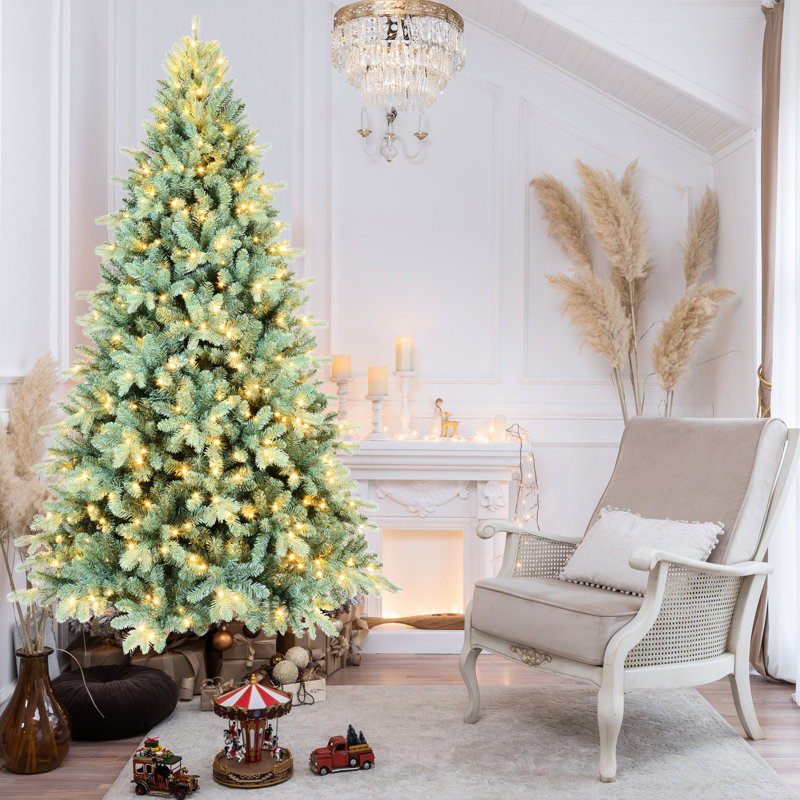 6 pi, arbre de Noël teinté bleu, 350 lumières DEL blanc chaud, 1390 pointes, conception à charnières, support en métal stable, base de décorations festives, décorations des Fêtes