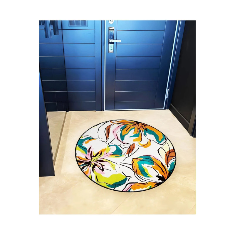 Abstract Colorful Flowers Detailed Woven Base Modern Decorative Carpet, Round 4'